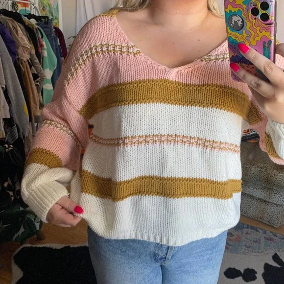 Stripe V-Neck Balloon Sleeve Pullover Sweater Size Mediujm - Picture 2 of 5